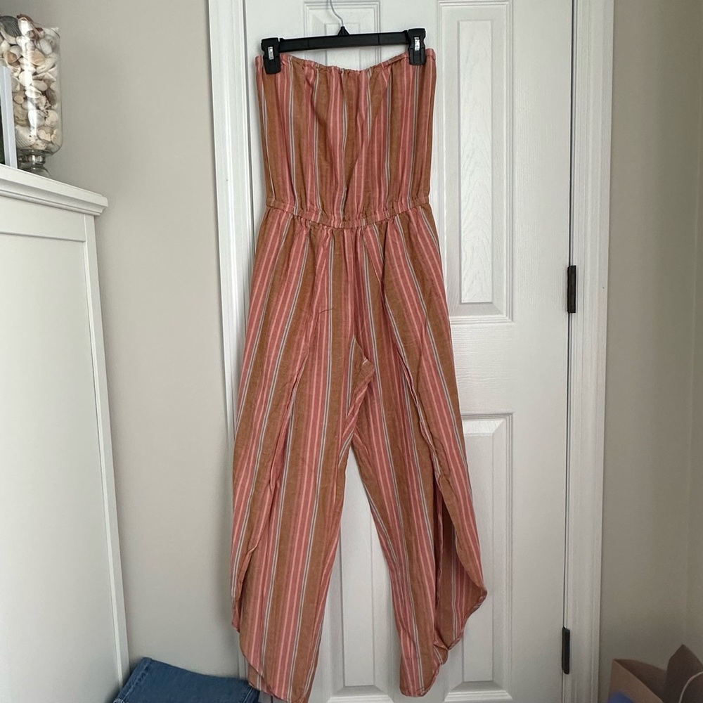 Anthropologie Drew Linen Strapless Jumpsuit Rainbow Stripe Split - Picture 1 of 6